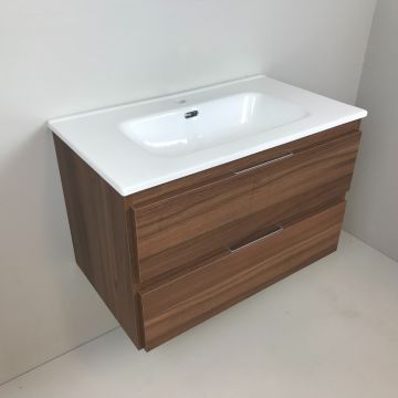 Badmeubel Nogal 80cm, noten 'look' met keramische wastafel