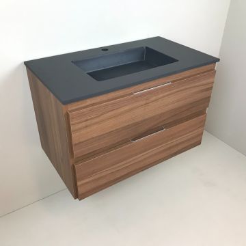 Badmeubel Nogal 80cm, noten 'look' met composiet wastafel antraciet