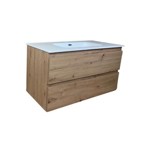 Badmeubel Kubic 100 cm, modern eiken met keramische wastafel