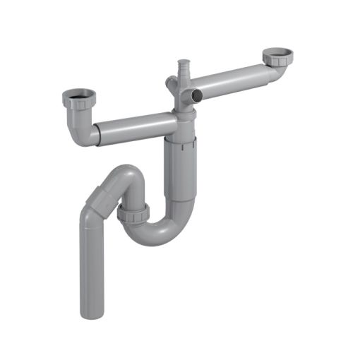 Dubbel ruimtebesparend telescopisch sifon voor keuken spoelbak met onder uitgang